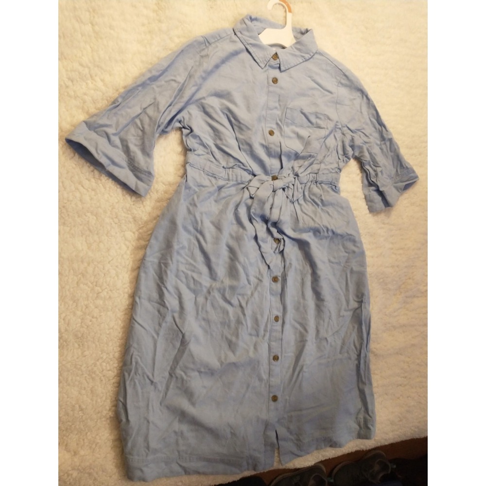 Isabel Maternity Baby Blue Elbow Sleeve Linen Blend Midi Shirtdress Sz M NWT